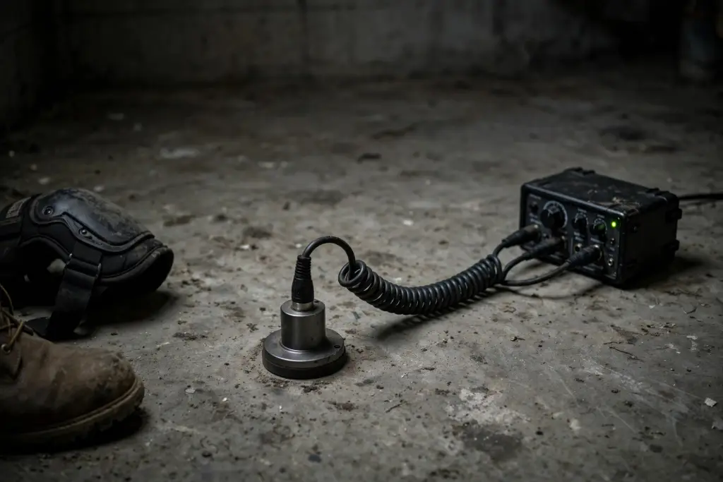 Acoustic leak listening unit and sensor resting on a bare concrete slab floor