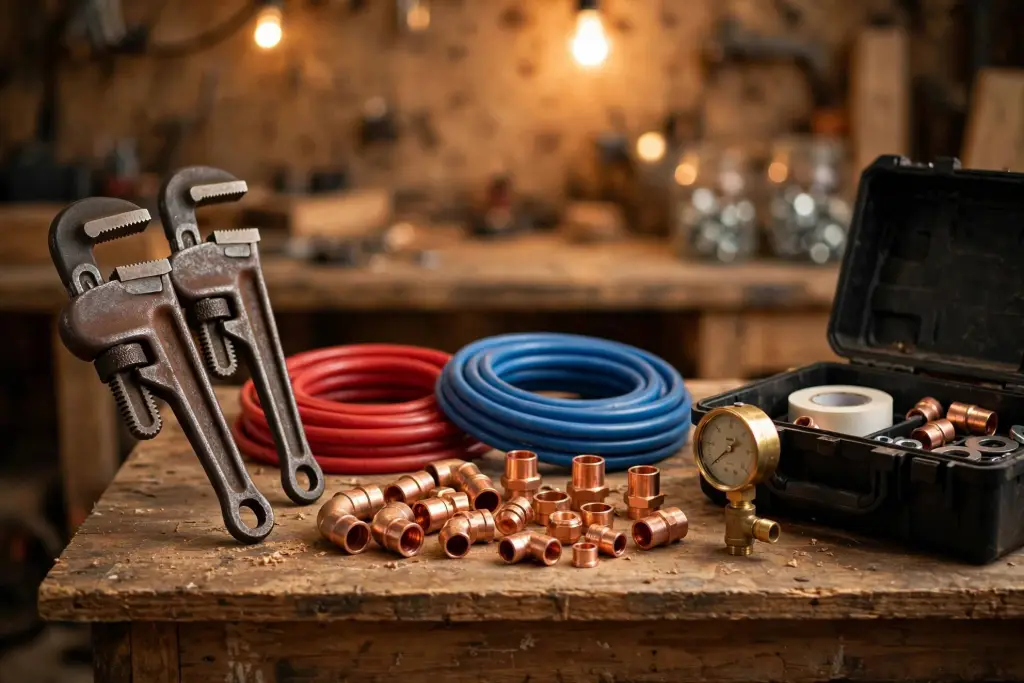 Plumbing tools, copper fittings, and coiled red and blue tubing on a workbench