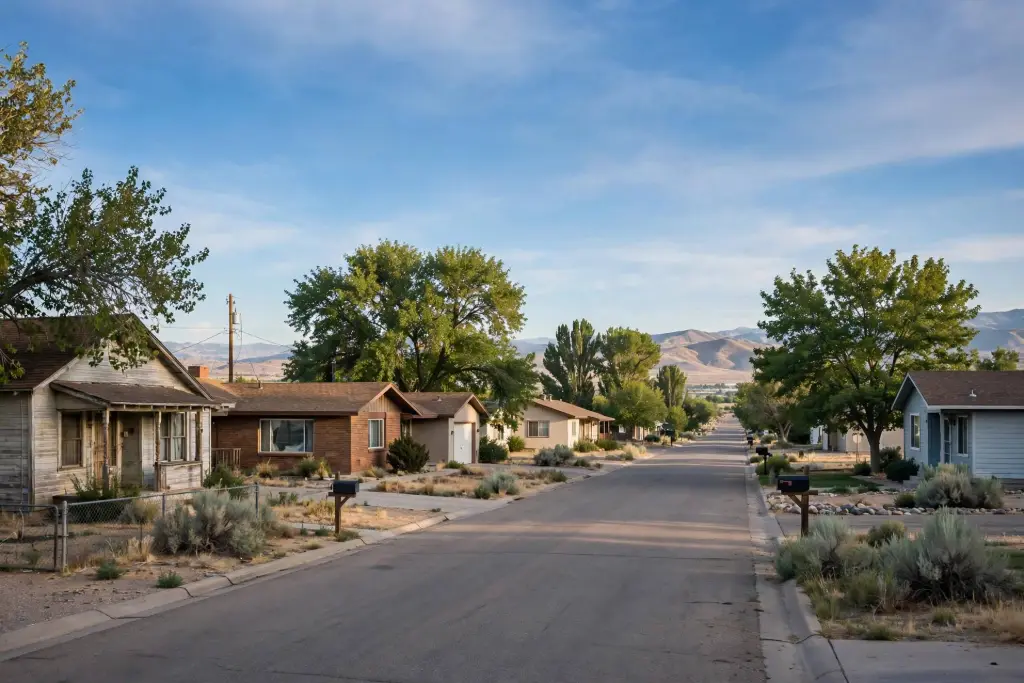 Quiet residential street with single-story homes and mountain views