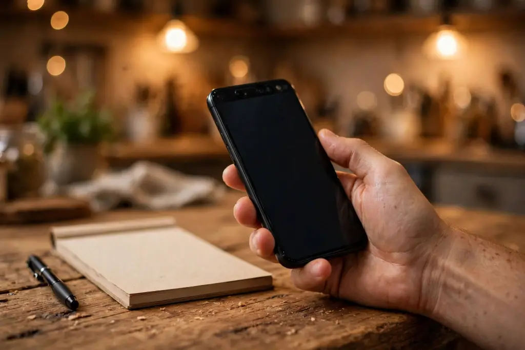 Hand holding a mobile phone above a notepad on a wooden table