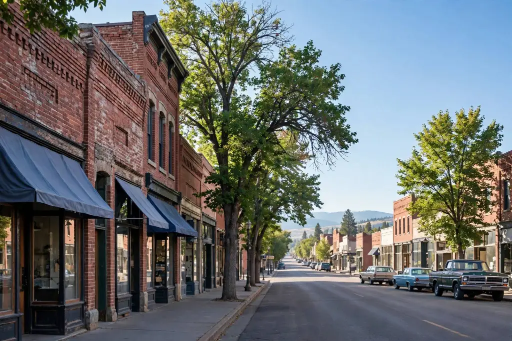 Older brick storefronts and mature trees on a quiet downtown street