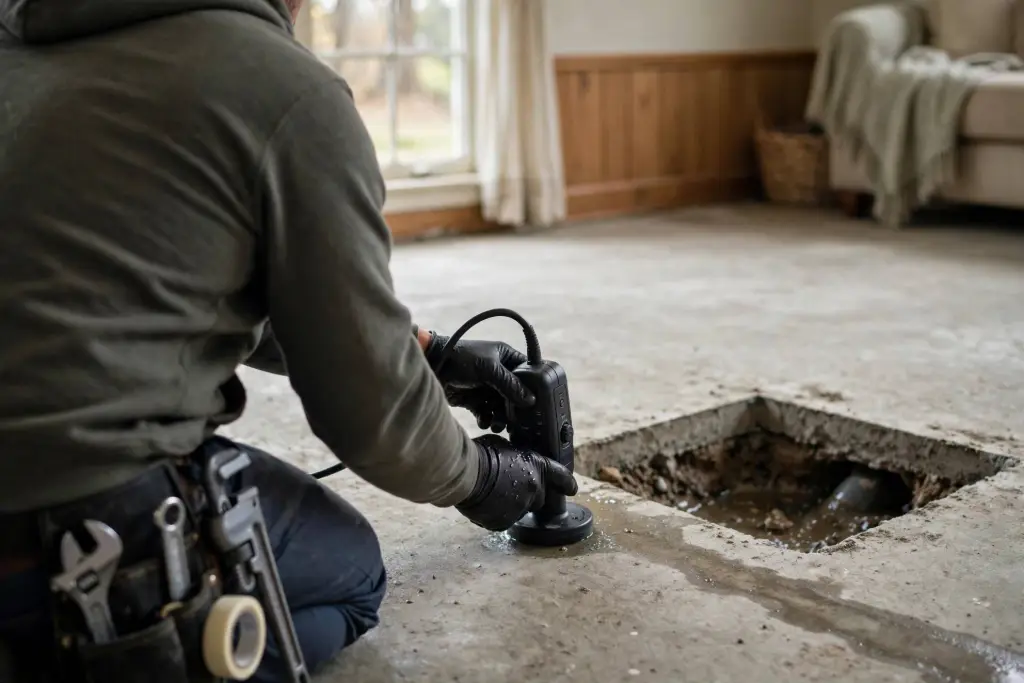 Technician kneeling beside an opened section of a concrete slab floor inside a home