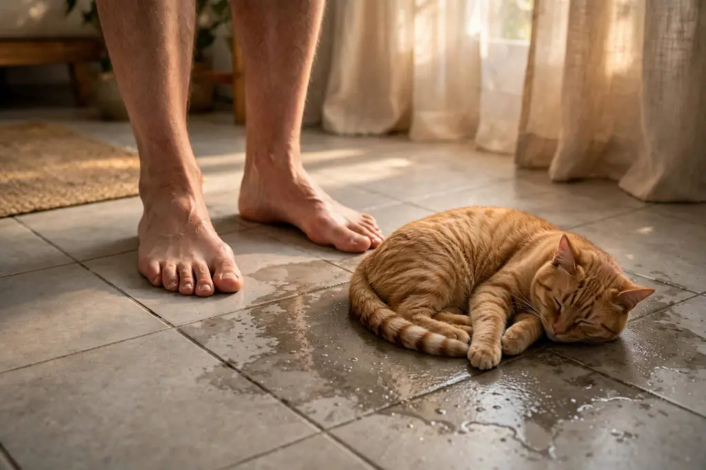 Cat resting on a damp patch of tile floor beside a person's bare feet