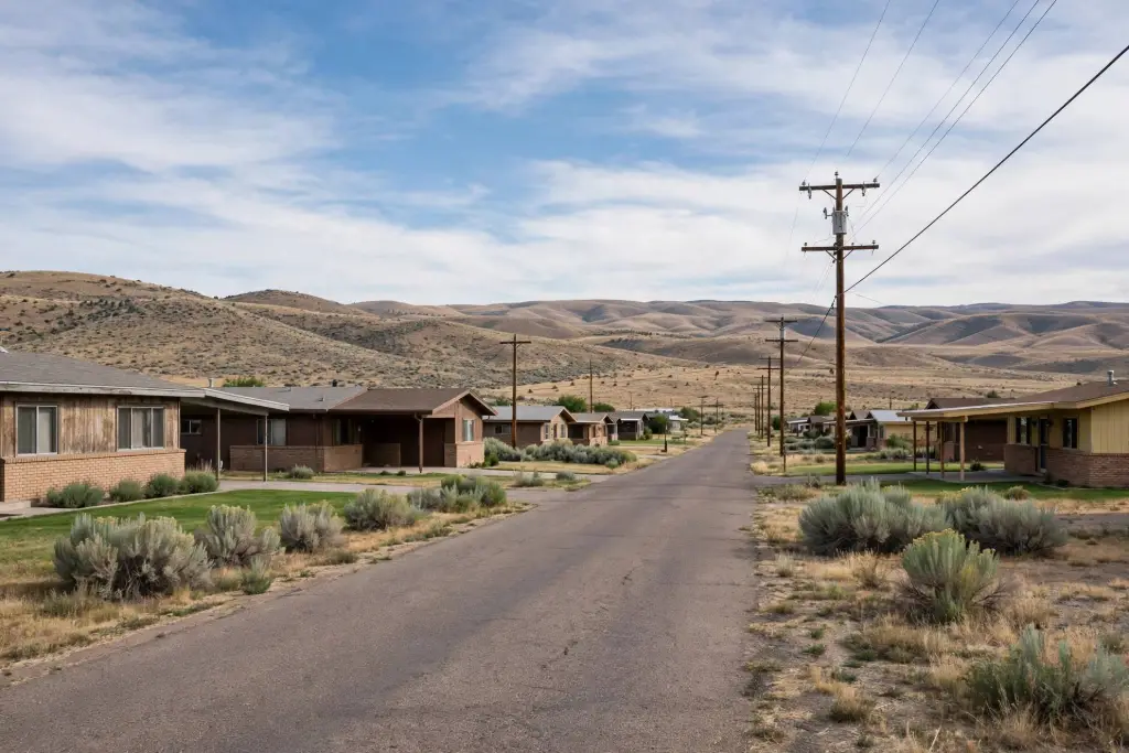Ranch homes along a quiet street with high desert hills behind