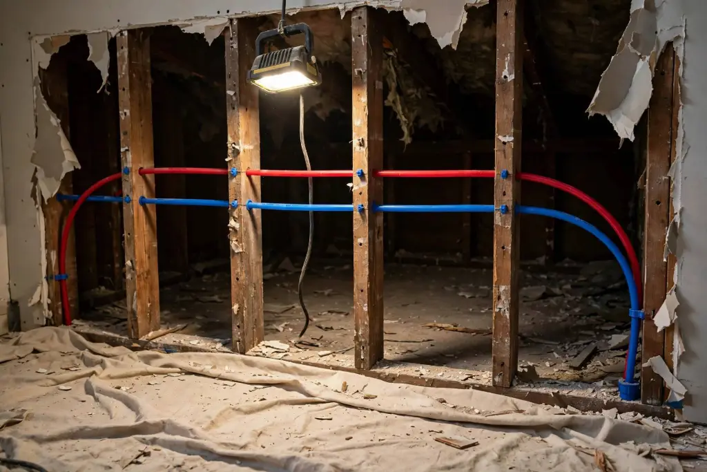 Red and blue PEX lines inside an opened wall during a repipe