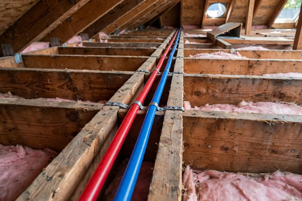 Red and blue water lines run across attic joists above the ceiling insulation