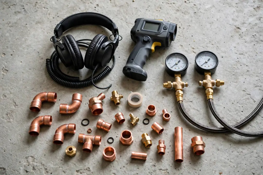 Leak listening headphones, pressure gauges, and copper fittings laid out on a concrete floor