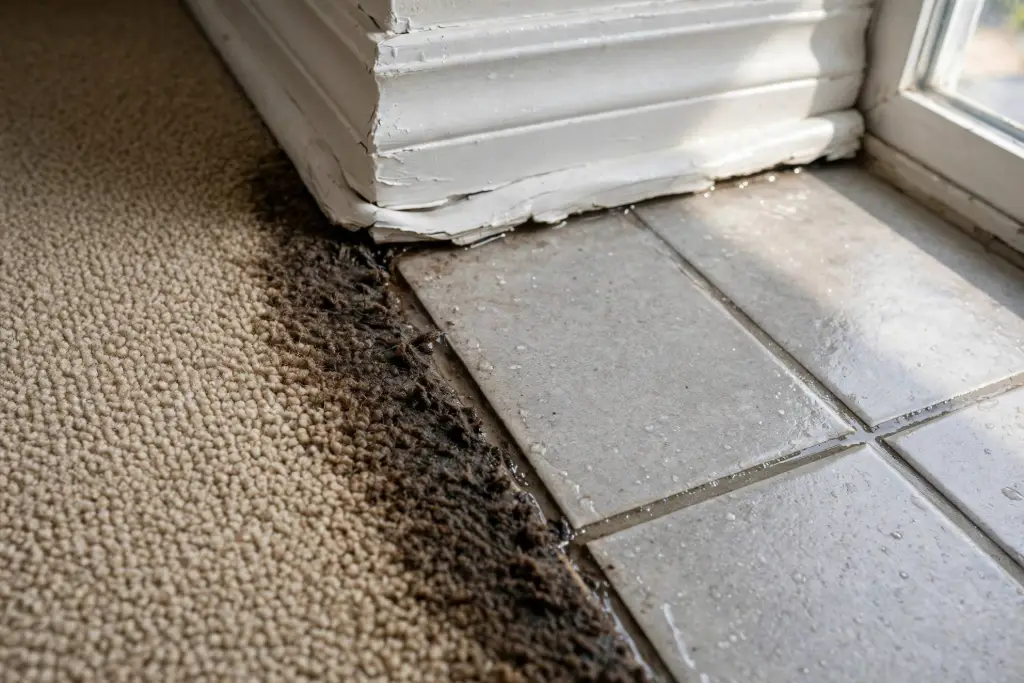 Damp carpet edge where it meets a tile floor near a window