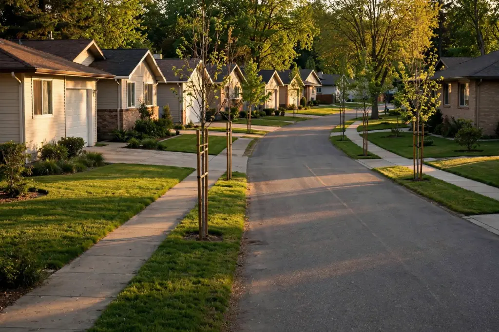 Single-story ranch homes with lawns and young trees along a curving street