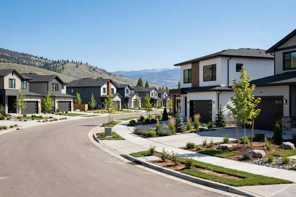 Newer two-story subdivision homes on a curving street under a clear sky