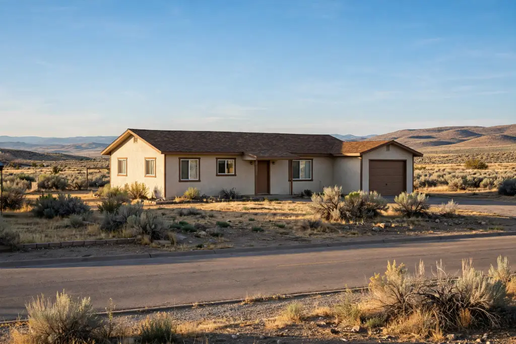 Single-story ranch home on a quiet street with high desert hills behind