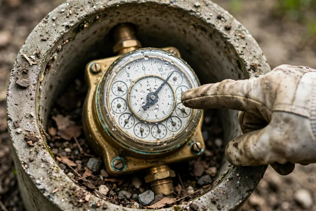 Gloved hand pointing at the dial of a water meter in its box