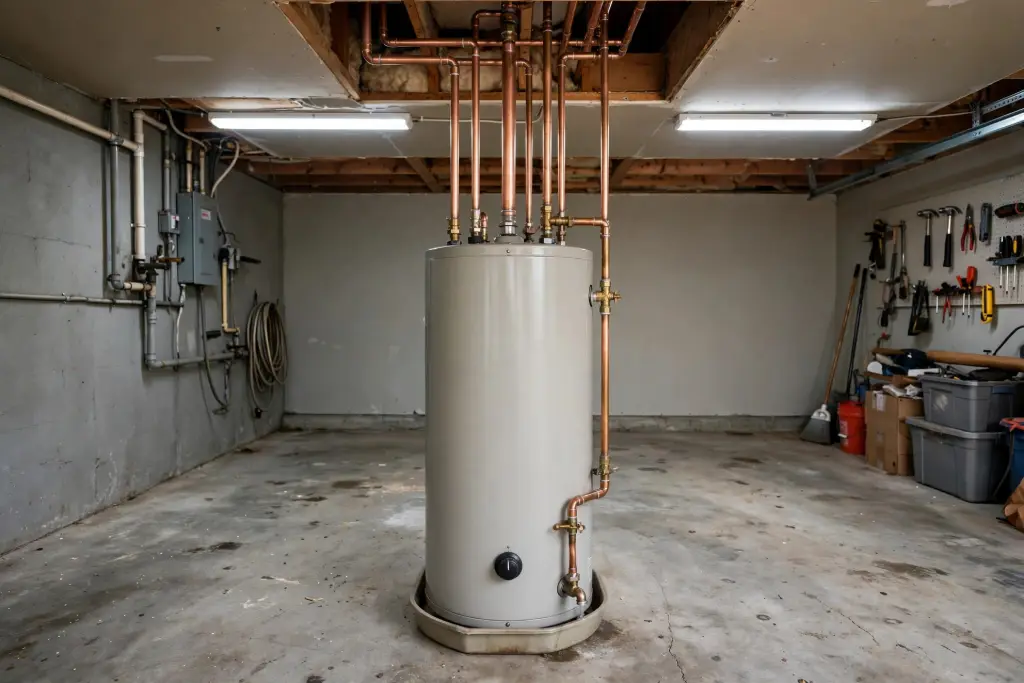Tank water heater with copper supply lines in a garage